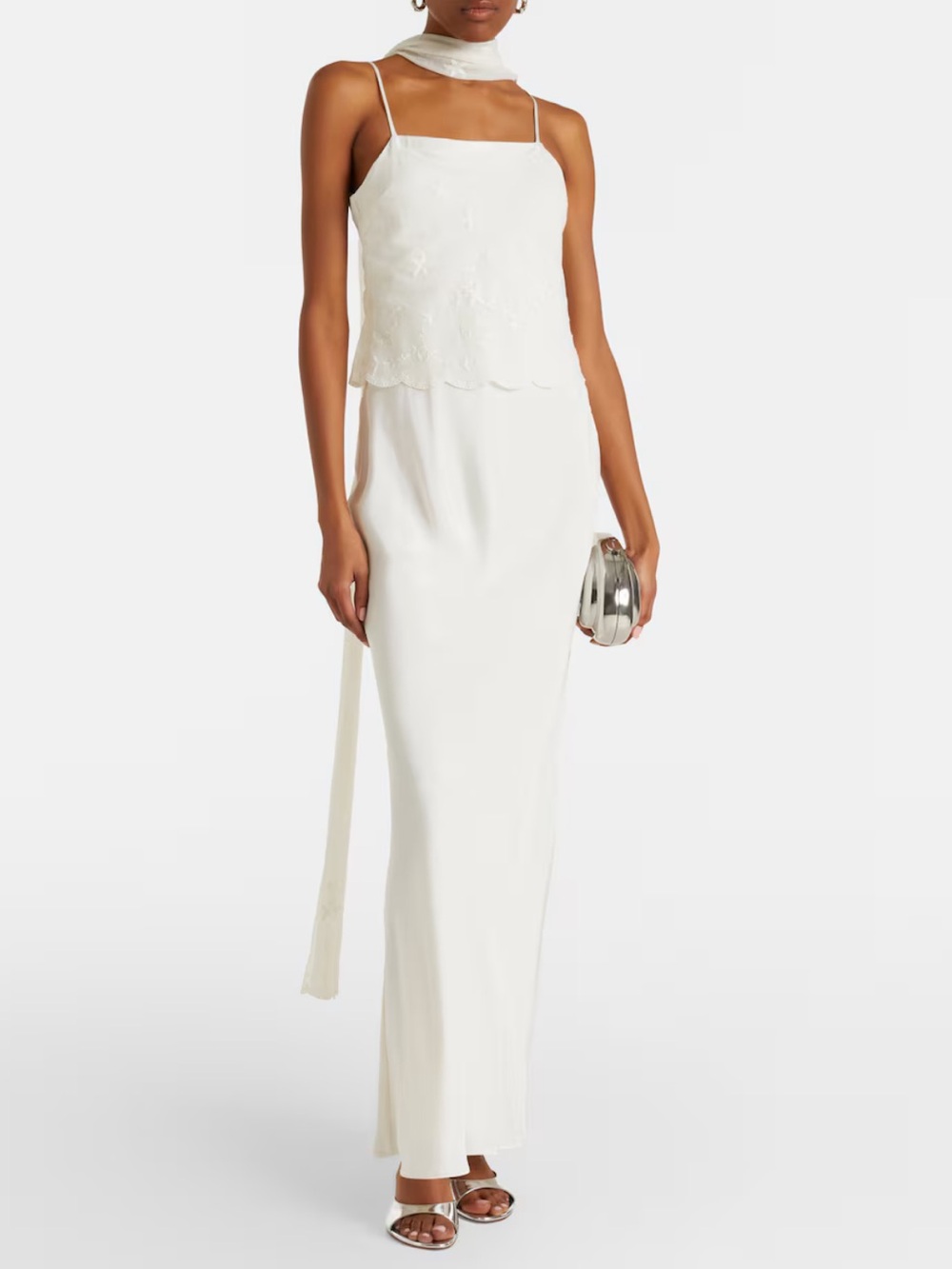 Posse White Tulle-Trim Silk-Blend Satin Maxi Dress
